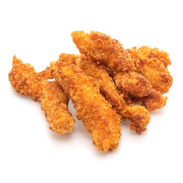 A pile of golden-brown, crispy fried chicken tenders from Rapids Chicken on a white background.